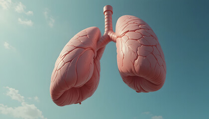 Realistic Human Lungs Balloon Floating in Clear Sky