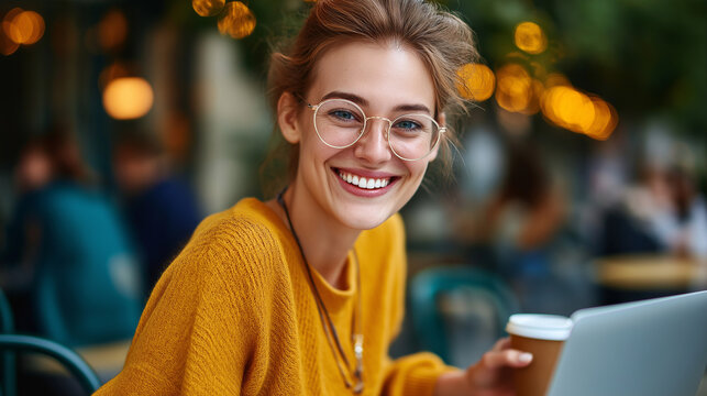 Portrait of smart trendy woman sitting in cafe with coffee in hands and following online course on laptop, e-learning and lifestyle concept, with copy space