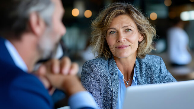 Portrait of boss explaining case study to businesswoman with laptop at boardroom, mentoring moment during meeting, corporate training, with copy space - Powered by Adobe