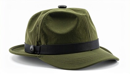 Olive Green Baseball Cap with Curved Brim on White Surface in Minimalist Product Display