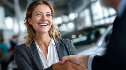 Car saleswoman shaking hands with customer in luxury car salon, new car purchase, dealership interior, with copy space