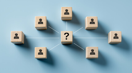 Question Mark Icon and Employee Icon on Wooden Cubes, Leadership Vacancy and Team Hierarchy Selection, Choosing a New Leader for Business Organization or Employee Group.