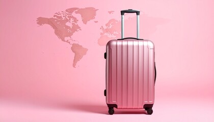 Pink Hard-Shell Suitcase with Telescopic Handle on Pink Background Featuring World Map Silhouette