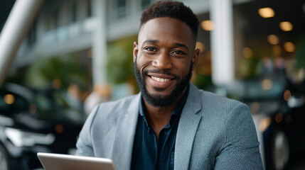 Portrait of smiling interracial salesman using tablet at car showroom while looking at camera, modern sales technology, auto dealership, with copy space