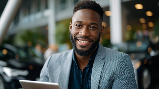 Portrait of smiling interracial salesman using tablet at car showroom while looking at camera, modern sales technology, auto dealership, with copy space