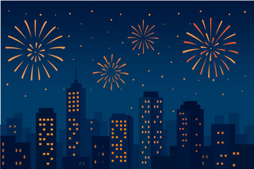 Colorful Fireworks Over City Skyline at Night in Flat Design