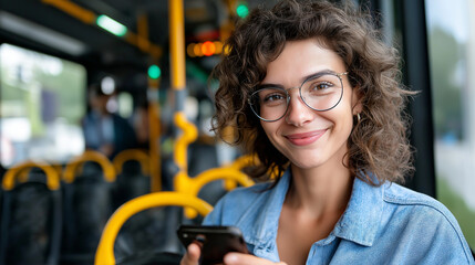 Portrait of happy woman riding public city bus and smiling at cellphone, commuting and digital lifestyle, urban background, with copy space