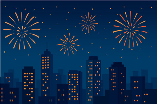 Colorful Fireworks Over City Skyline at Night in Flat Design