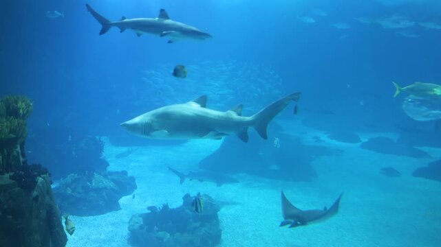 Several sharks and rays swim gracefully through clear blue aquarium waters, surrounded by smaller fish and rocky coral structures, evoking the mystery and beauty of ocean life. 4k stock video