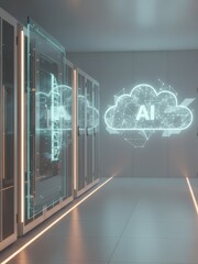 Futuristic AI cloud corridor inside modern high technological data center with server racks 