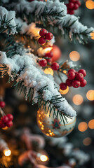 A close-up of a snow-covered Christmas tree branch adorned with red berries and golden ornaments