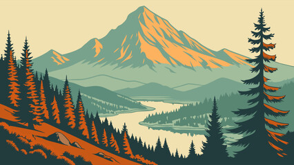 Serene Mountain River Landscape Flat Design Illustration for Travel Blogs Outdoor Adventure Tourism Websites and Nature Conservation