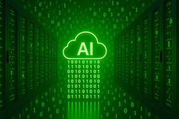 Green AI cloud icon with binary numbers in futuristic  server hall promoting cybersecurity