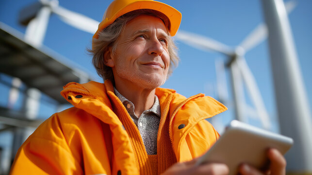 Low angle view of senior environmentalist with tablet standing near wind turbine, renewable energy concept, sustainable future, with copy space