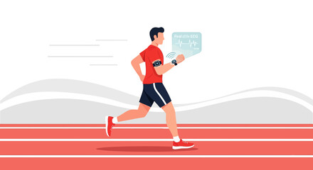 Man running with wearable health technology monitoring real-time ECG data with wireless