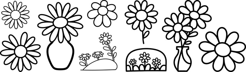 Daisy Flower Outlines in Vases and Groups Black and White Style