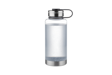 Crisp clear water fills a durable stainless steel and glass reusable bottle, perfect for active lifestyles and hydration goals.
