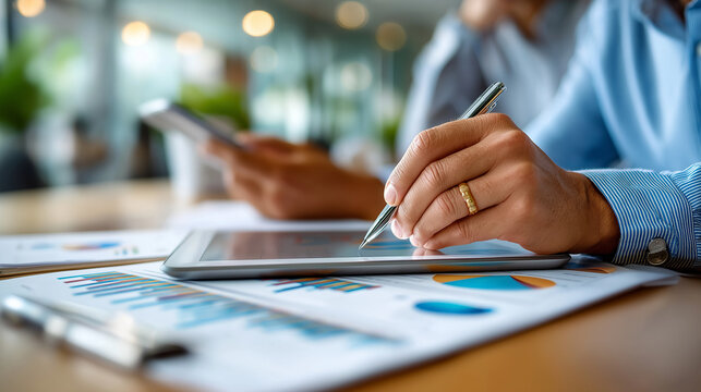 Data analysts sitting at boardroom with tablet and paperwork in hands, doing case study and financial analysis, teamwork, with copy space