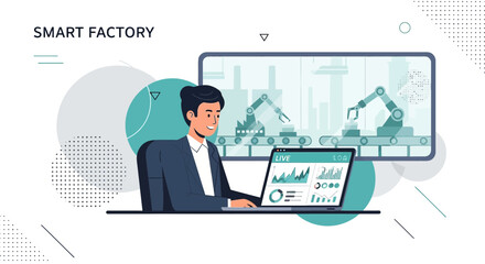 Fototapeta premium Manager overseeing smart factory operations with real time data analysis, driving efficiency and