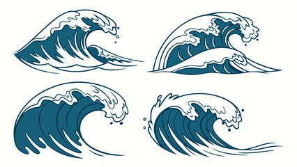 Fototapeta premium Dynamic Ocean Waves Illustration Set. Stylized Sea Water Elements for Graphic Design, Web Backgrounds, Travel, Nature, and Energy Themes. Powerful Blue Waves.