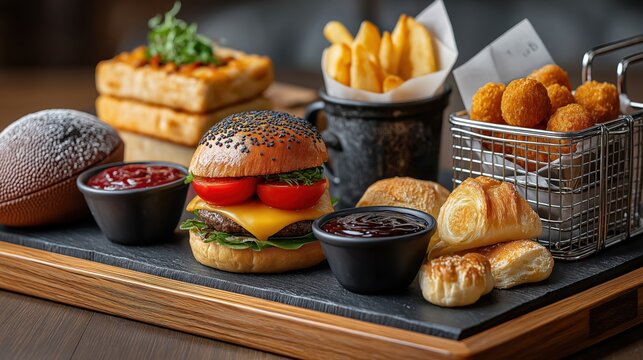 Close-up of a game day snack platter with a cheeseburger, fries, and football. American comfort food for a party menu - Powered by Adobe