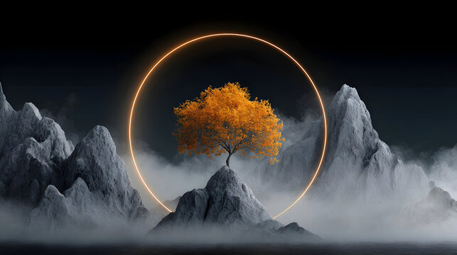 Surreal minimalist landscape with jagged gray mountains and glowing tree