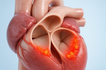 Highly detailed 3D rendering of human heart valves showing endocarditis with inflamed red-orange vegetations, illustrating infection, inflammation, and cardiac anatomy.
