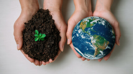 Young plant in soil and globe held in hands symbolizing environmental care and hope