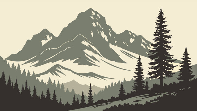 Serene Mountain Landscape with Pine Forest and Snowy Peaks Minimalist Graphic for Outdoor Adventure Travel and Nature Branding