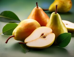 fresh pears with a cut pear healthy eating and fruit concept