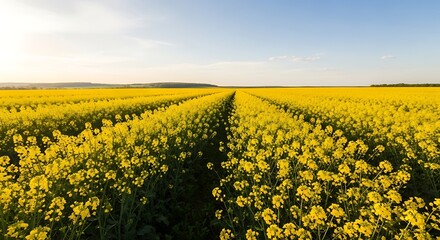 Vast Field of Yellow Flowers Under a Clear Blue Sky.