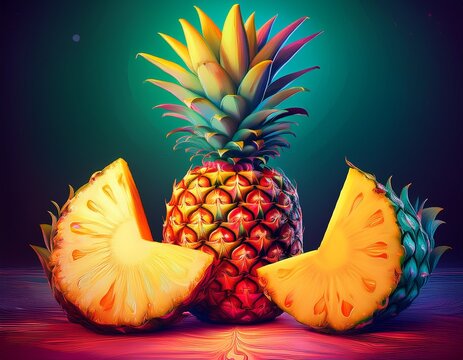 fresh whole pineapple with a slice tropical fruit vibrant colors
