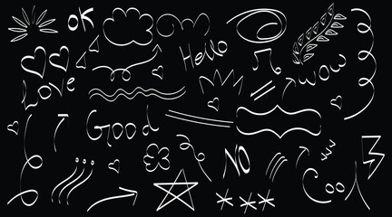 Obraz premium hand drawn doodle sketch set, white marker drawings on black background, creative abstract line art symbols