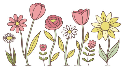 Cute Spring Flowers Vector Illustration Pastel Floral Garden Border for Greeting Cards Invitations Kids Projects and Event Design