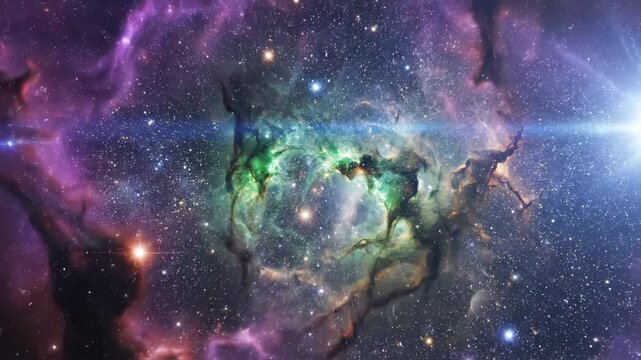 Nebulosa c&oacute;smica en tonos violeta y verde con estrellas, fondo animado de movimiento IA para relajaci&oacute;n y meditaci&oacute;n, flujos de energ&iacute;a.