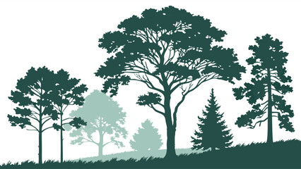 Obraz premium Green Forest Trees Silhouette Landscape Vector Nature Environment Design Background for Sustainable Ecology and Outdoor Growth