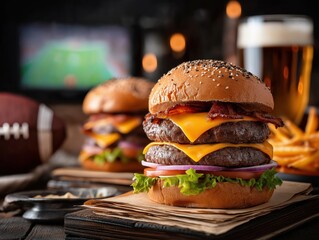 Close-up of a double bacon cheeseburger meal for a football game day. American sports bar food with beer and a TV in the background