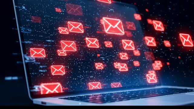 &Iacute;conos rojos de correos electr&oacute;nicos hologr&aacute;ficos en pantalla de port&aacute;til sobre fondo oscuro, simbolizando spam y hackeo del sistema.