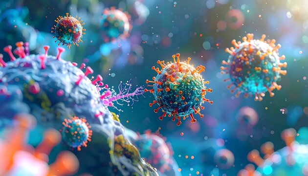 Microscopic view of virus particles floating against a dark blue background, with spiky projections and soft colors