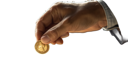 Close-up of a hand dropping a coin, isolated on transparent background, realistic detail.