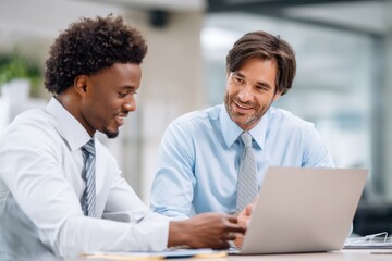 Fototapeta premium African American analyst and Caucasian businessman discussing data at a laptop in a meeting room. Perfect for teamwork and finance concepts.