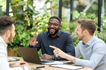 Happy coworkers communicating in a corporate meeting, using digital devices and teamwork skills. Ideal for telework and business training concepts.