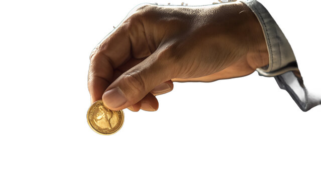 Close-up of a hand dropping a coin, isolated on transparent background, realistic detail.