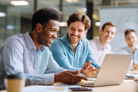 Two businessmen from diverse backgrounds discussing a project on a laptop and tablet during a company training session. Bright, realistic teamwork photo.