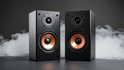 Pair of speakers on a gray surface with wisps of smoke behind them. Black speakers with metallic copper center cones
