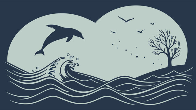 Two Tone Minimalist Dolphin Jumping Ocean Waves Illustration with Tree and Birds. Serene Nature Graphic for Eco Travel and Wellness Design.