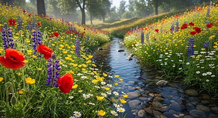 Vibrant Wildflower Meadow with a Gentle Stream.