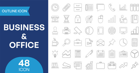 Comprehensive collection of 48 business and office outline vector icons for web, print, and mobile applications, including finance, communication, management, tools, and productivity concepts.