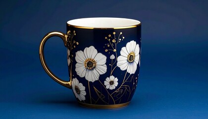 Blue Ceramic Mug with Gold Floral Design Symbolizing Artistic Elegance and Editorial Styling for Home Decor