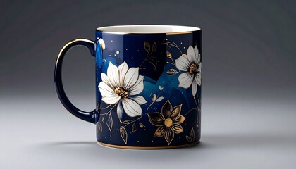 Blue Ceramic Mug with Gold Floral Design Symbolizing Artistic Elegance and Editorial Styling for Home Decor